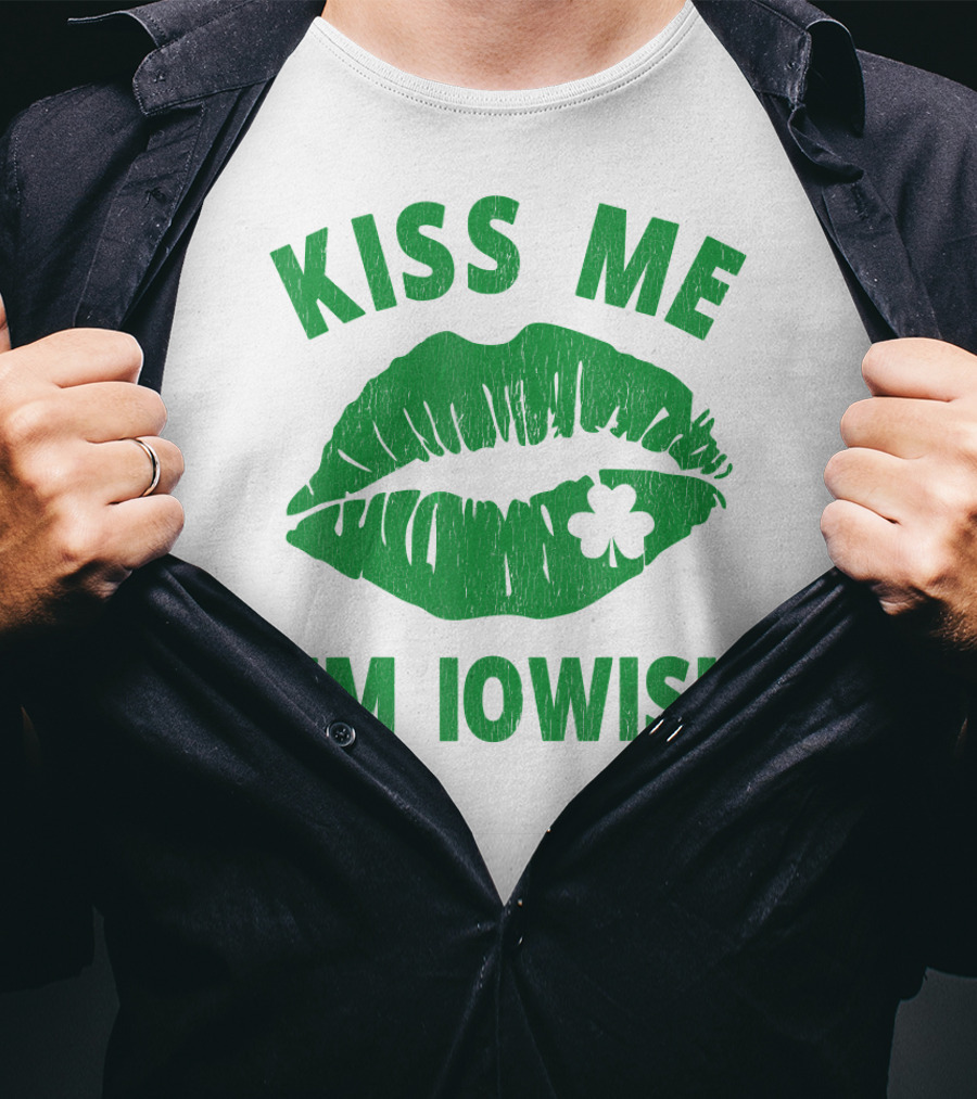 Kiss Me I'm Iowish St Patrick's Day Green Lips With Clover T-Shirt