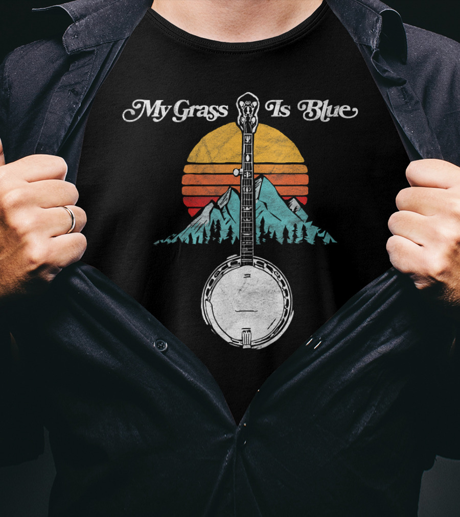 My Grass Is Blue Banjo Rocky Mountain Sunset T-Shirt