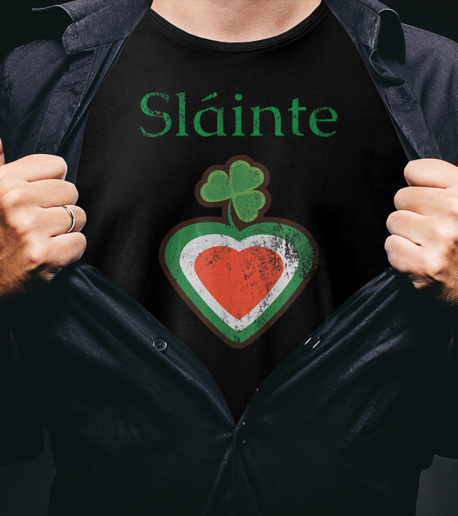 Sláinte Irish Shamrock Heart Green White Red T-Shirt
