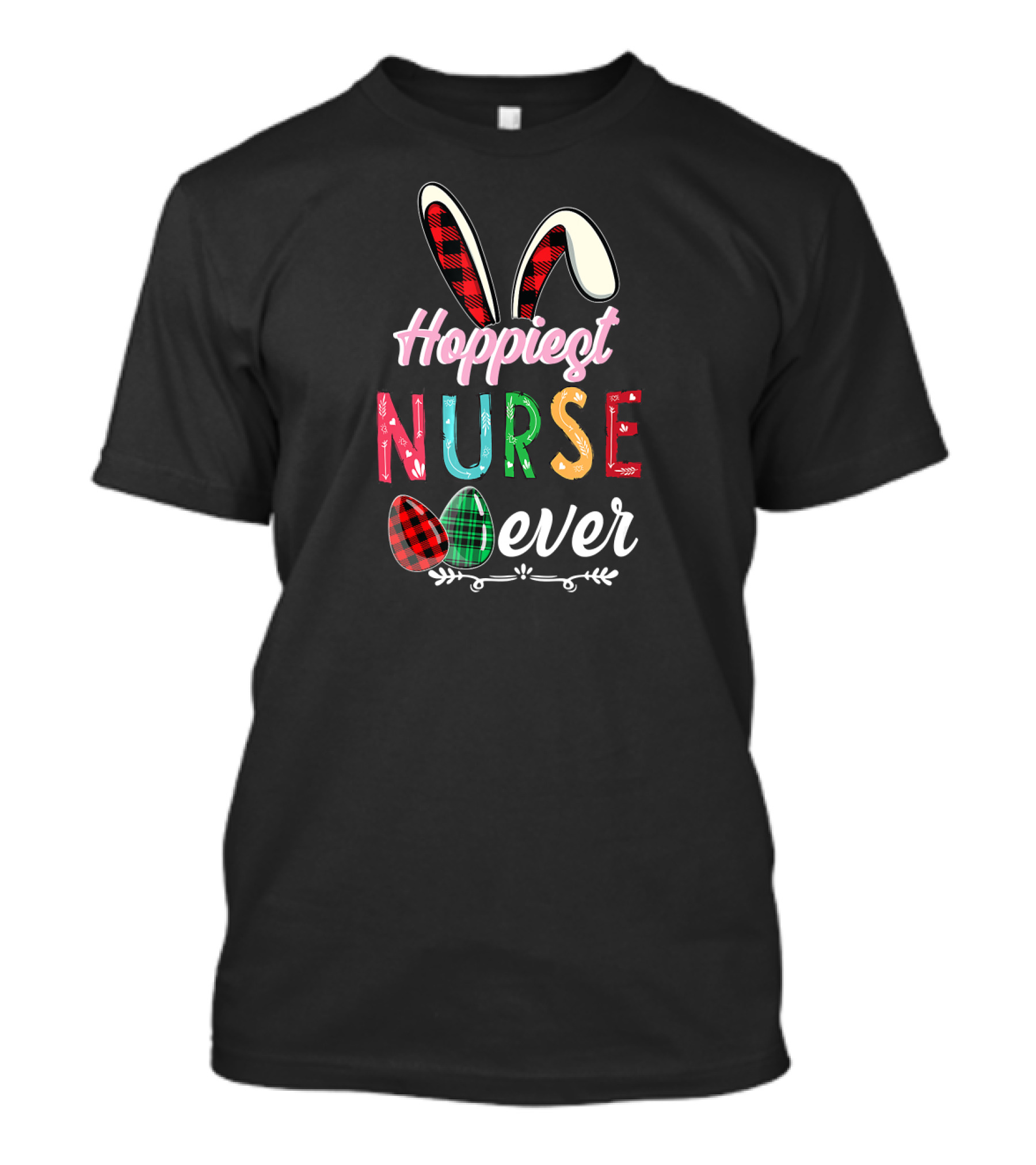 Hoppiest Nurse Ever Easter Pascha Christian Bunny Ears Plaid Eggs T-Shirt