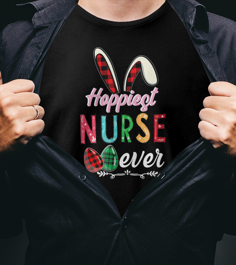 Hoppiest Nurse Ever Easter Pascha Christian Bunny Ears Plaid Eggs T-Shirt
