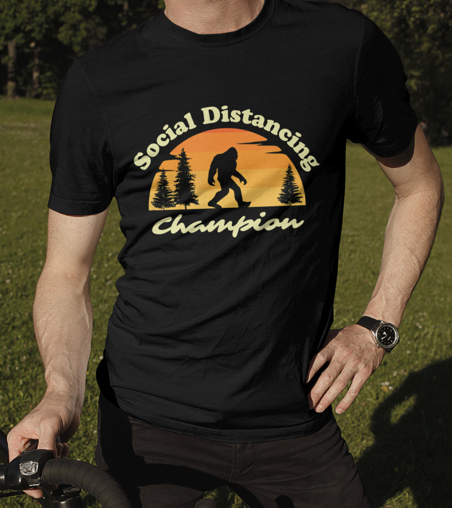 Social Distancing Champion Sasquatch Bigfoot Silhouette Sunset Forest Scene T-Shirt