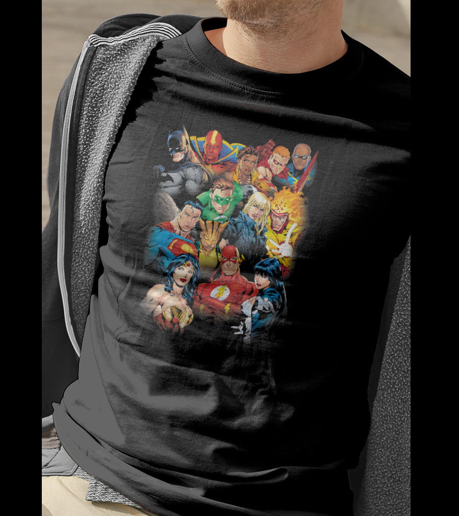Justice League The League's All Here Heroes Unite Iconic Team Members T-Shirt