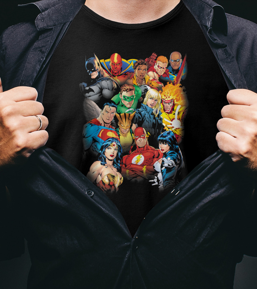 Justice League The League's All Here Heroes Unite Iconic Team Members T-Shirt