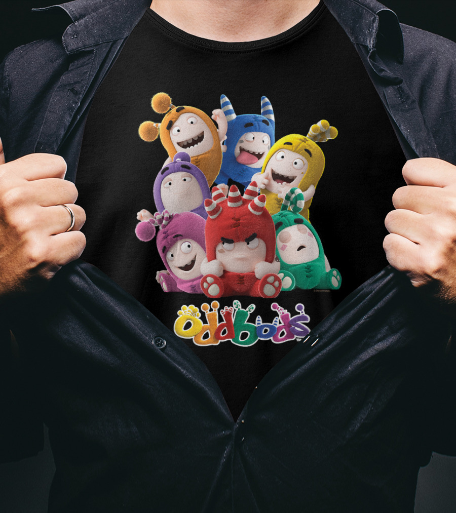 Oddbods All 7 Characters In Colorful Playful Poses T-Shirt