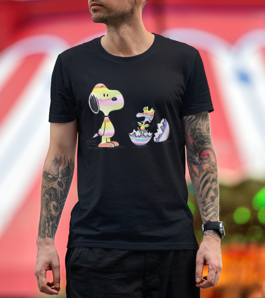 Peanuts Snoopy Woodstock Colorful Easter Egg Stripes T-Shirt