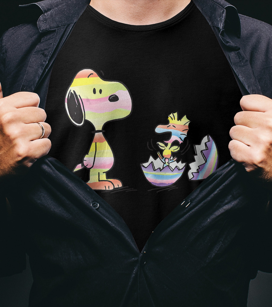 Peanuts Snoopy Woodstock Colorful Easter Egg Stripes T-Shirt