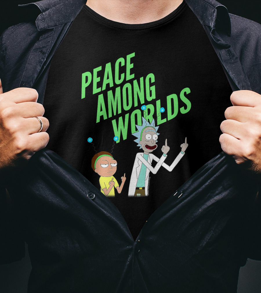 Rick And Morty Peace Among Worlds Gesture With Portal Elements T-Shirt