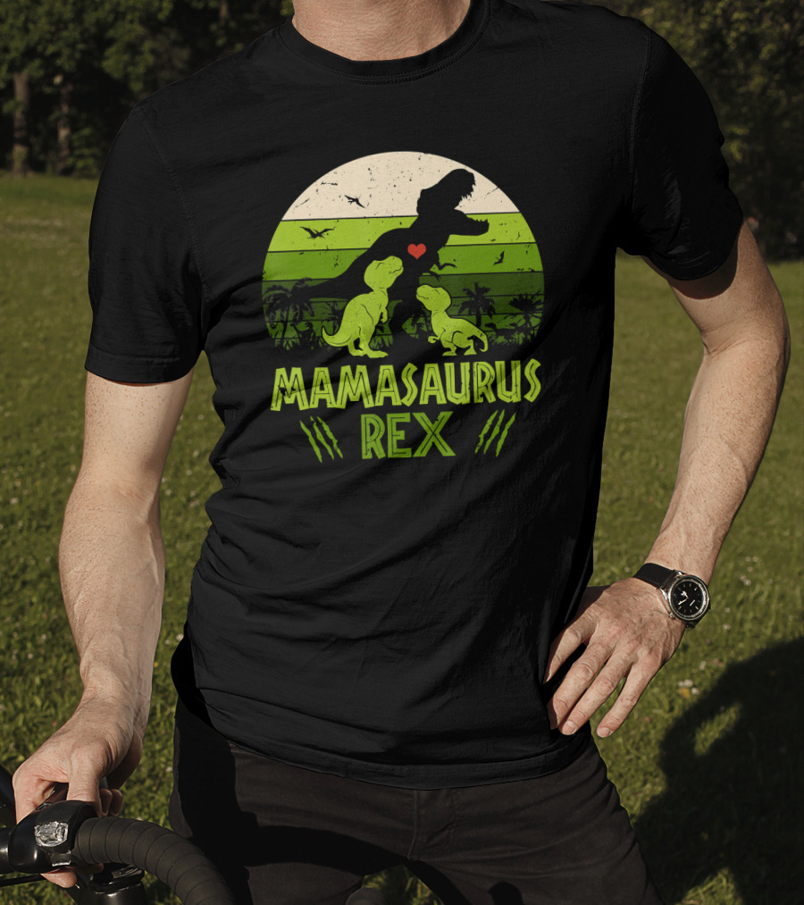 Mamasaurus Rex Dinosaur Lover Heart Jungle Scene With Two Kids T-Shirt