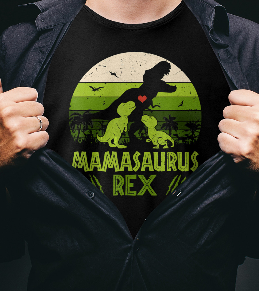 Mamasaurus Rex Dinosaur Lover Heart Jungle Scene With Two Kids T-Shirt