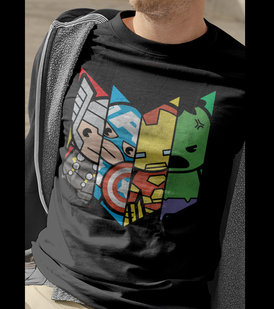 Marvel Avengers Cartoon Thor Captain America Iron Man Hulk Shield T-Shirt