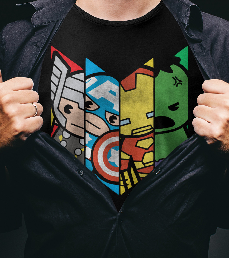 Marvel Avengers Cartoon Thor Captain America Iron Man Hulk Shield T-Shirt