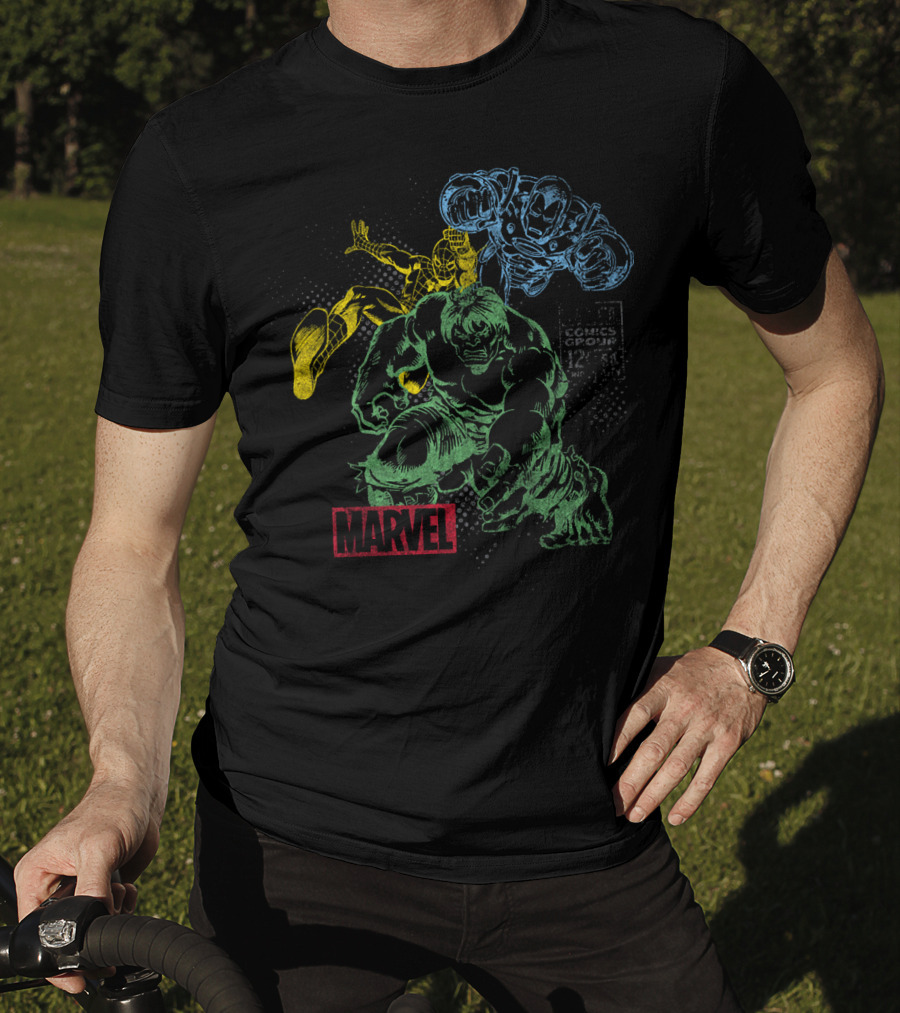 Marvel Hulk Iron Man Spider-Man Vintage Comic Group T-Shirt