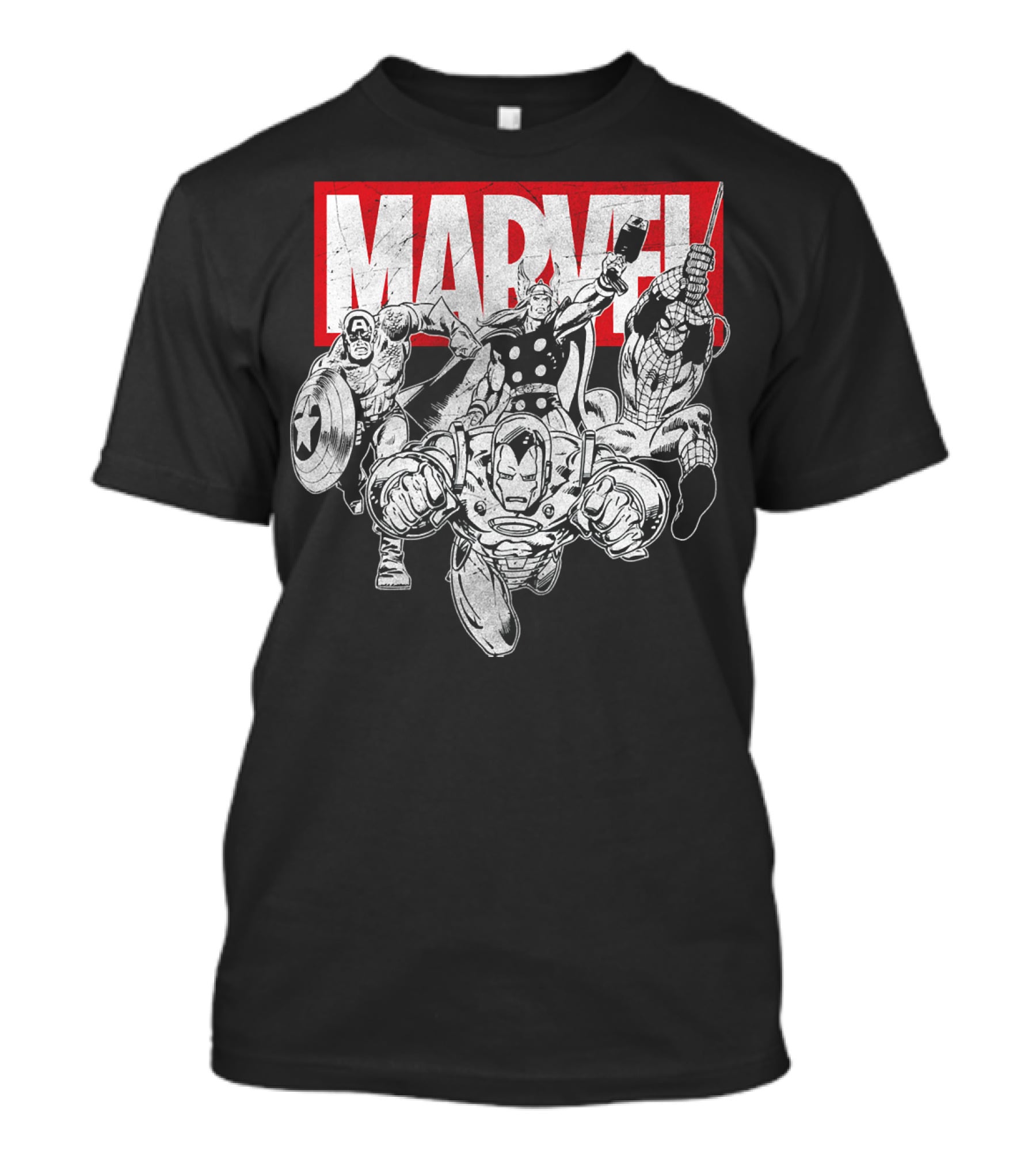 Marvel Avengers Captain America Thor Spider-Man Iron Man Grayscale T-Shirt