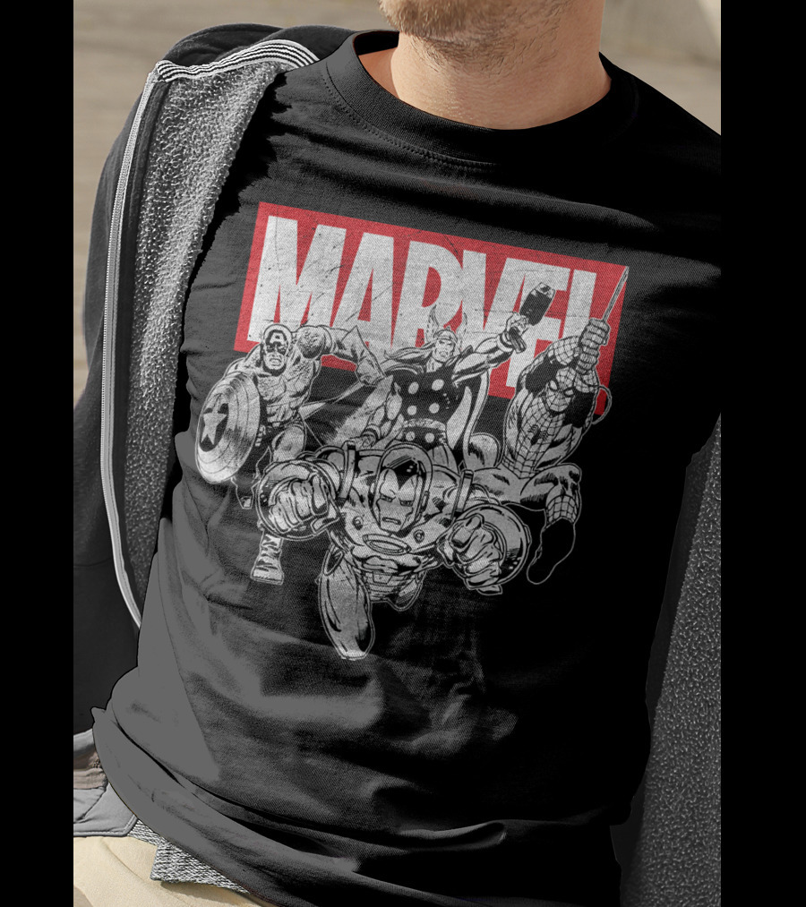 Marvel Avengers Captain America Thor Spider-Man Iron Man Grayscale T-Shirt