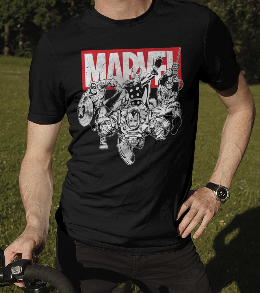 Marvel Avengers Captain America Thor Spider-Man Iron Man Grayscale T-Shirt
