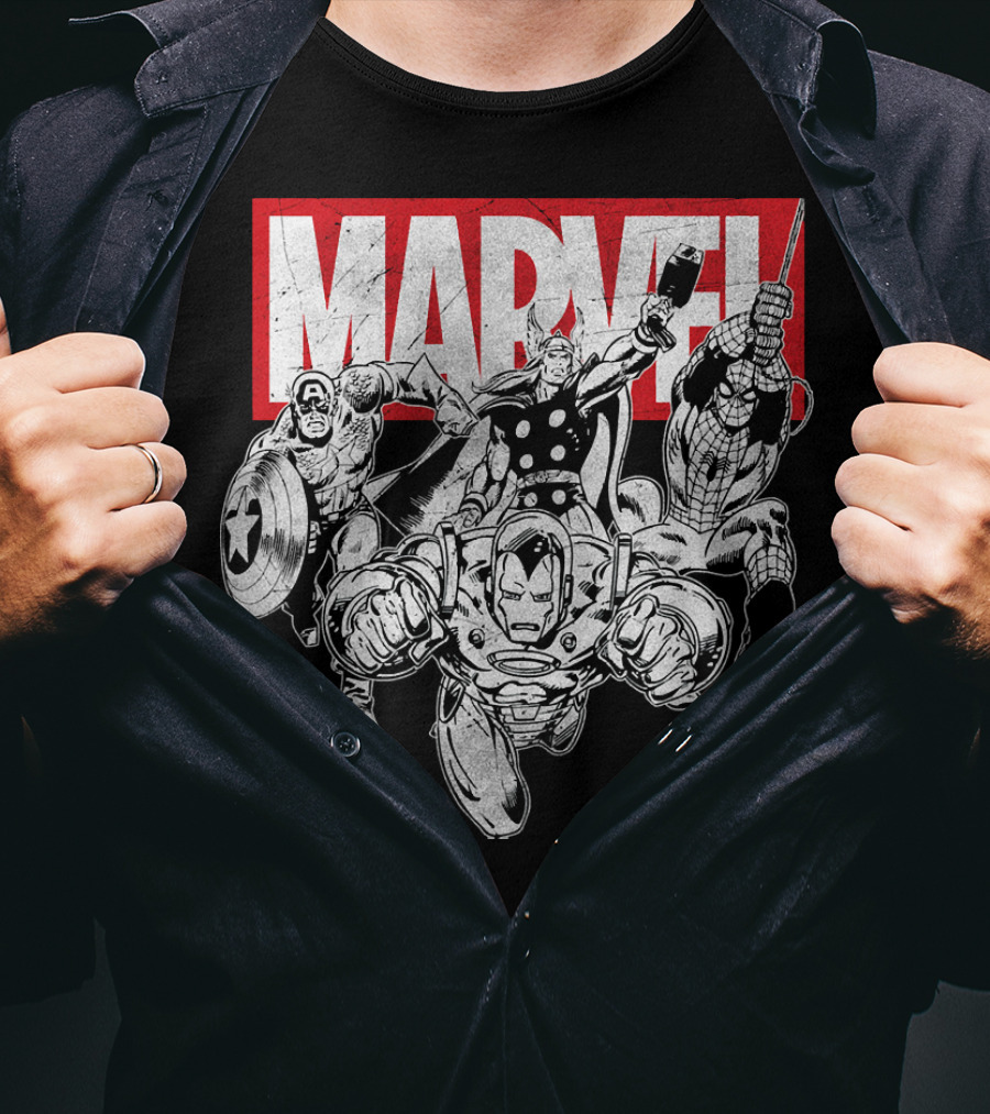 Marvel Avengers Captain America Thor Spider-Man Iron Man Grayscale T-Shirt