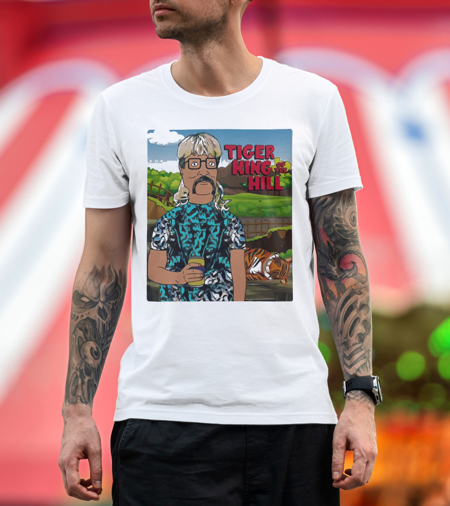 Tiger King of the Hill in Cartoon Style with Tiger and Guy Holding Drink T-Shirt