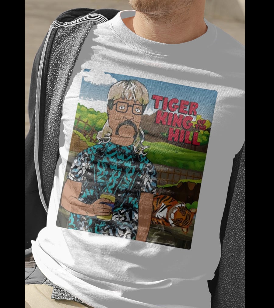 Tiger King Of The Hill In Cartoon Style With Tiger And Guy Holding Drink T-Shirt