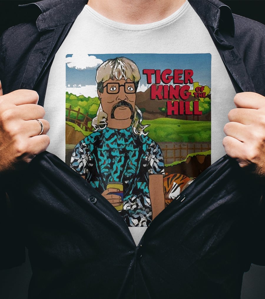 Tiger King Of The Hill In Cartoon Style With Tiger And Guy Holding Drink T-Shirt
