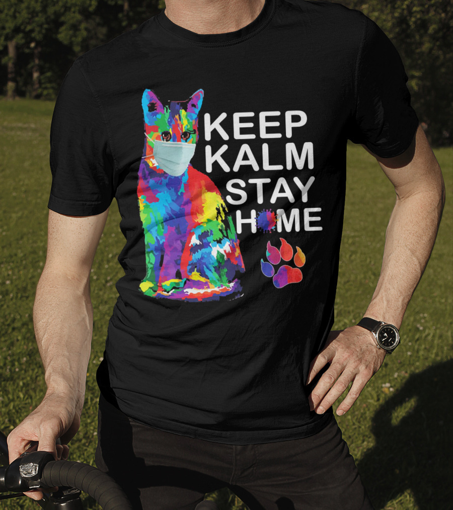 Colorful Masked Cat Keep Kalm Stay Home Ladies T-Shirt