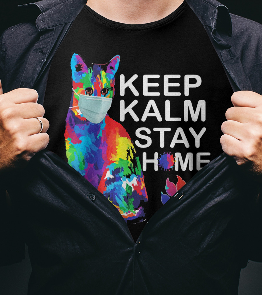 Colorful Masked Cat Keep Kalm Stay Home Ladies T-Shirt