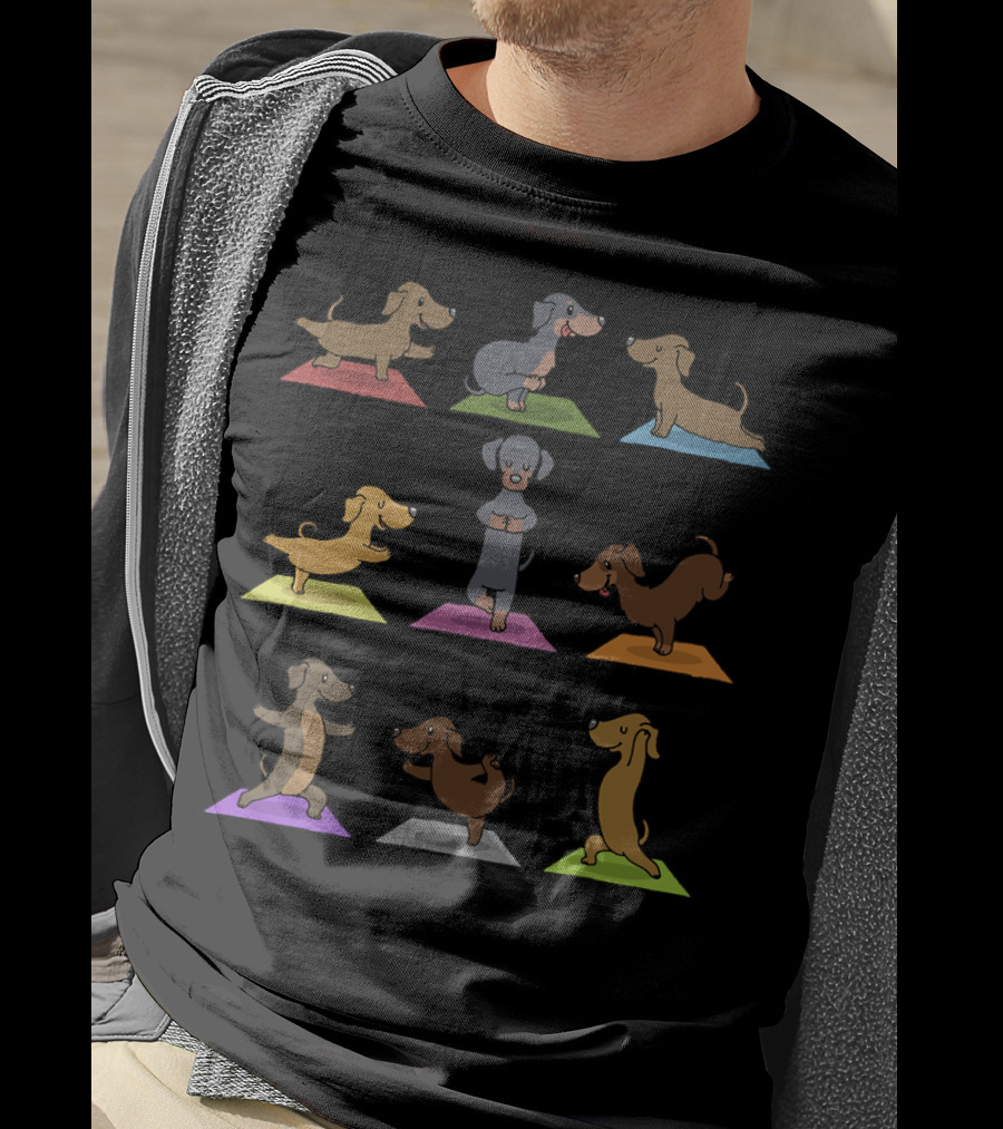 Dachshund Yoga Funny Dachshund Poses On Colorful Mats 227 T-Shirt