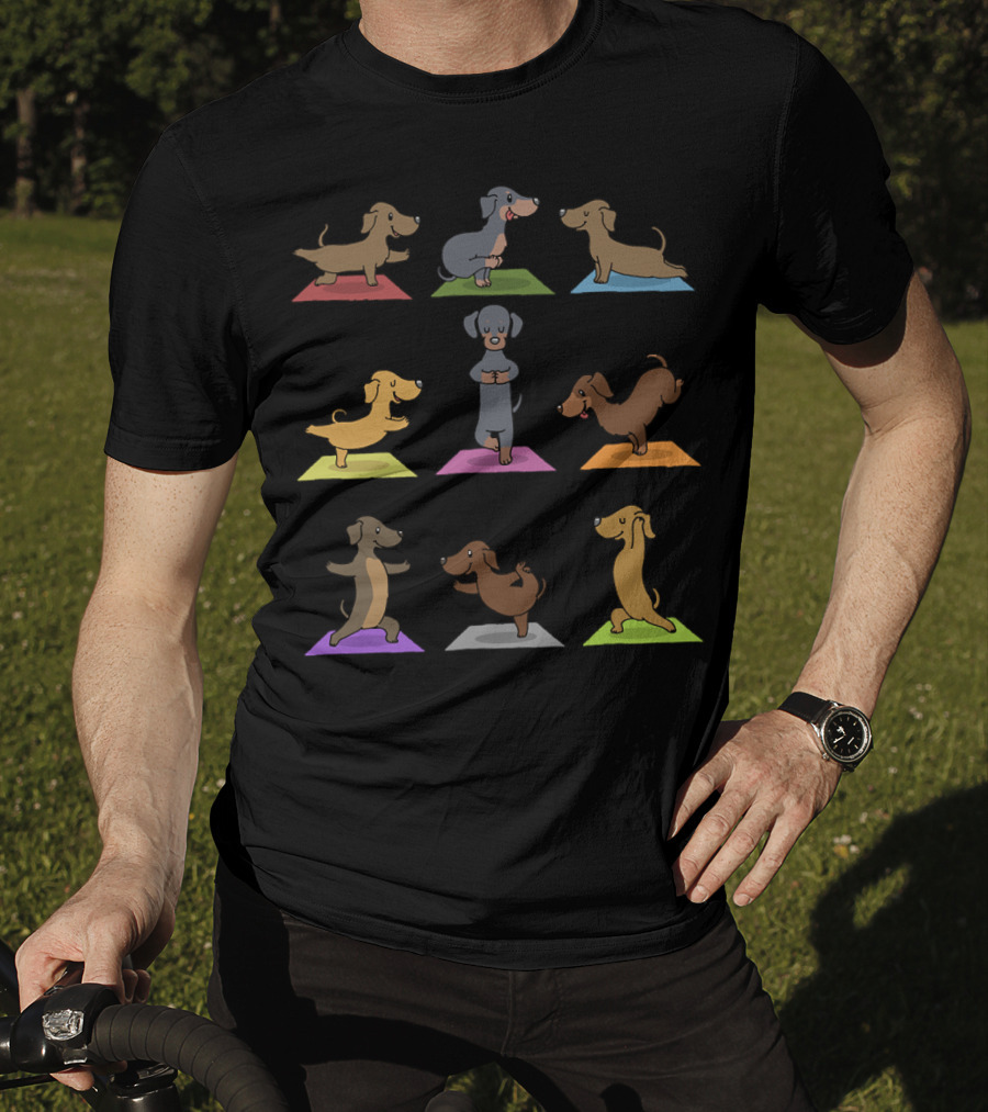 Dachshund Yoga Funny Dachshund Poses On Colorful Mats 227 T-Shirt