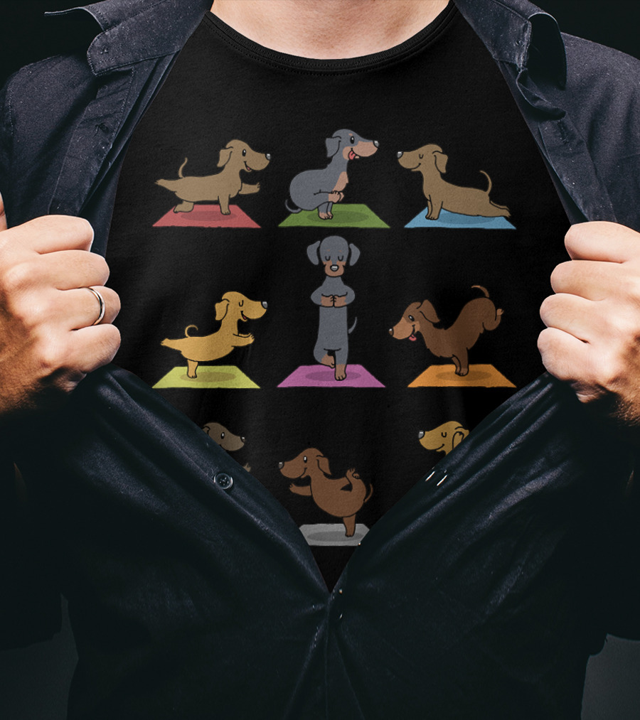 Dachshund Yoga Funny Dachshund Poses On Colorful Mats 227 T-Shirt