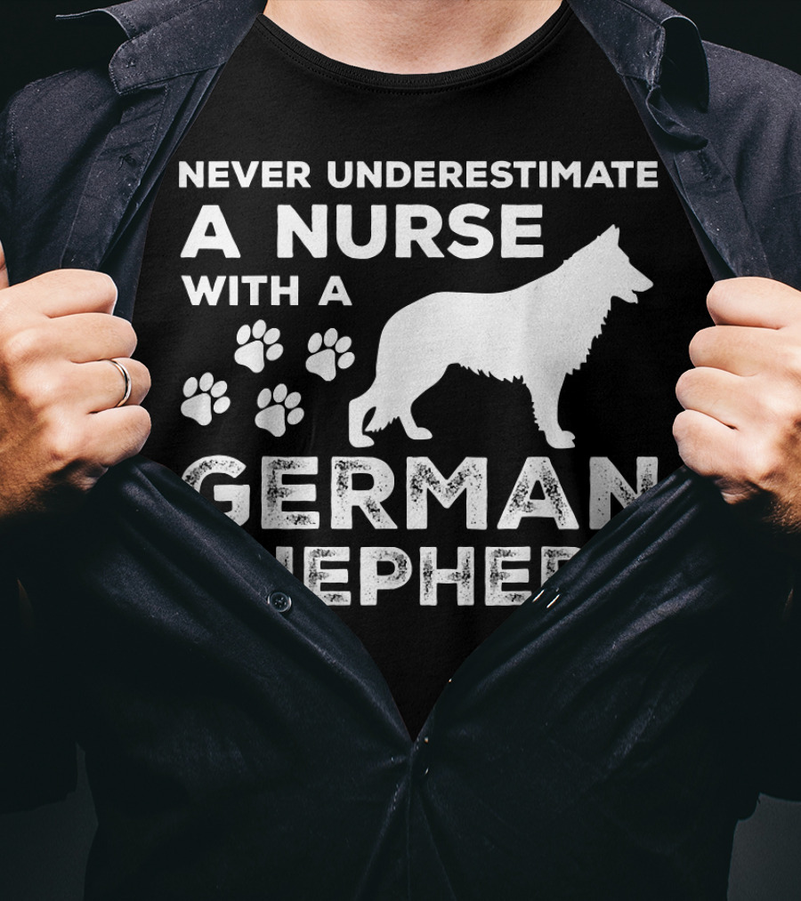 Never Underestimate A Nurse With A German Shepherd And Paw Prints T-Shirt
