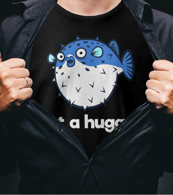 Not A Hugger Funny Pufferfish Cartoon Blue Spiky Fish T-Shirt