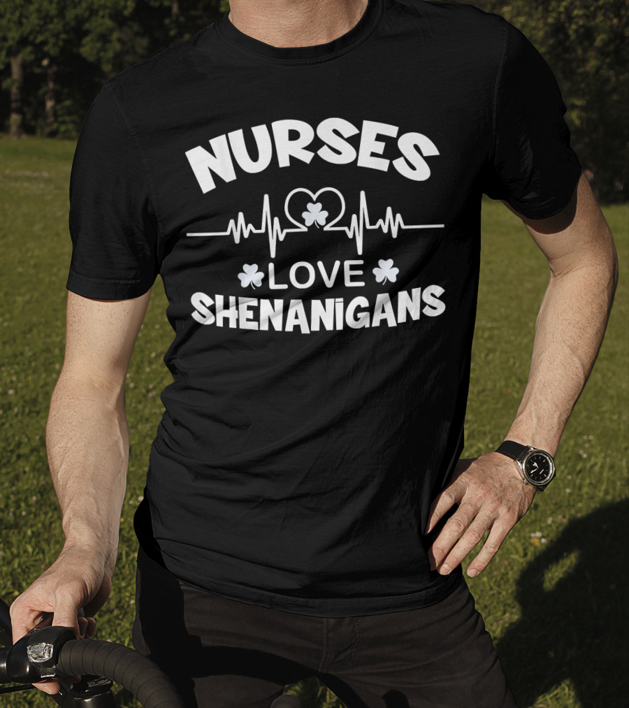 Nurses Love Heartbeat Shamrock Shenanigans T-Shirt