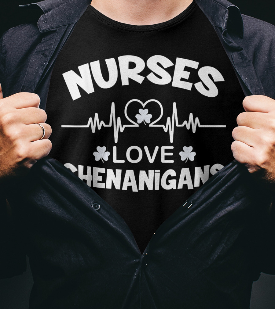 Nurses Love Heartbeat Shamrock Shenanigans T-Shirt
