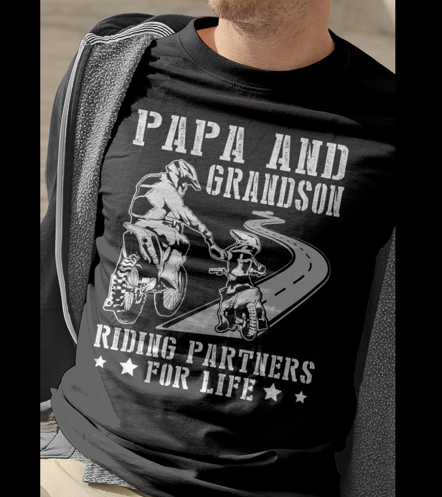 Papa And Grandson Riding Partners For Life Happy Motor Rider Road Adventure T-Shirt