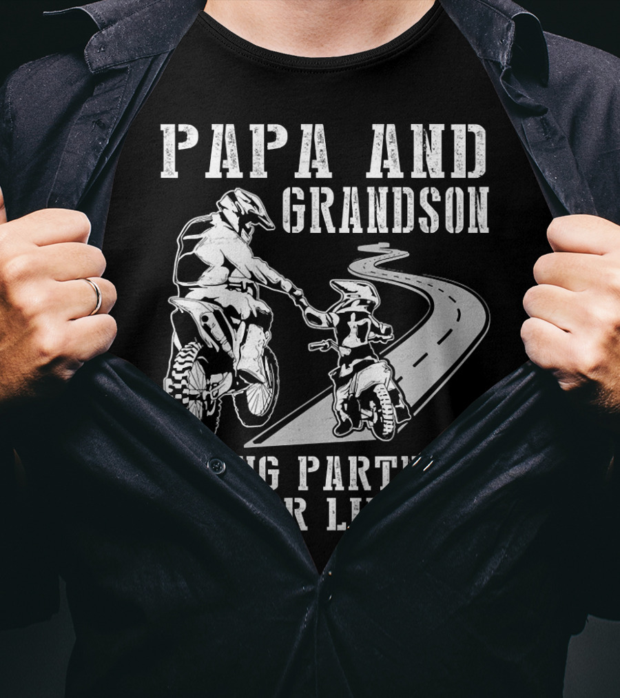 Papa And Grandson Riding Partners For Life Happy Motor Rider Road Adventure T-Shirt
