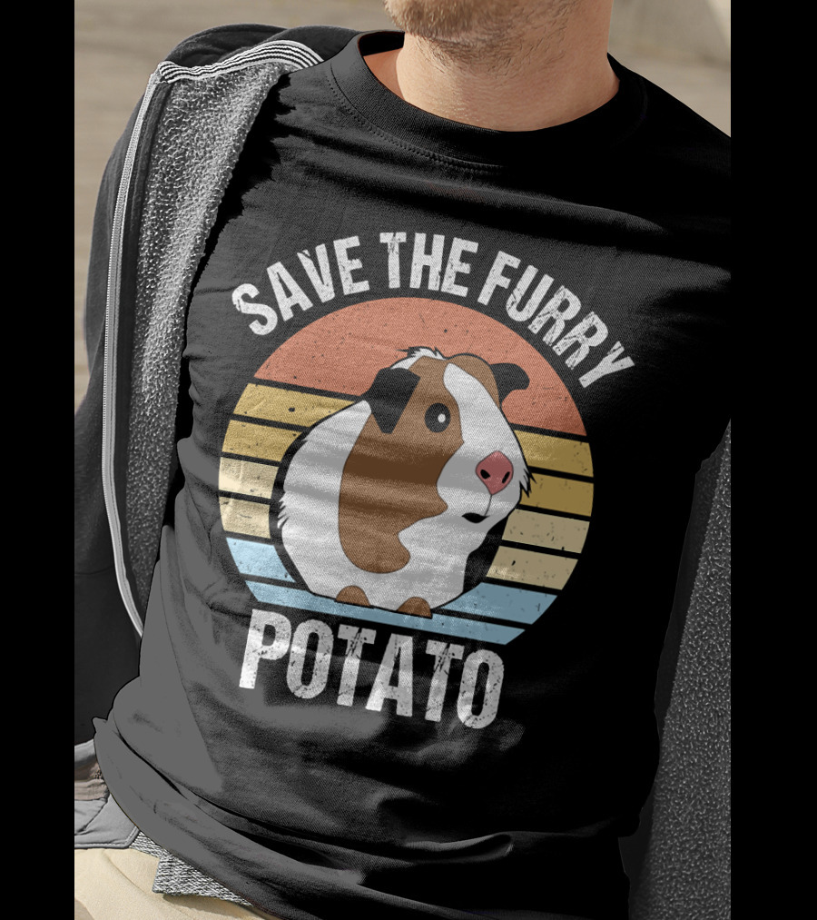 Save The Furry Potato Funny Guinea Pig Retro Sunset 181 T-Shirt