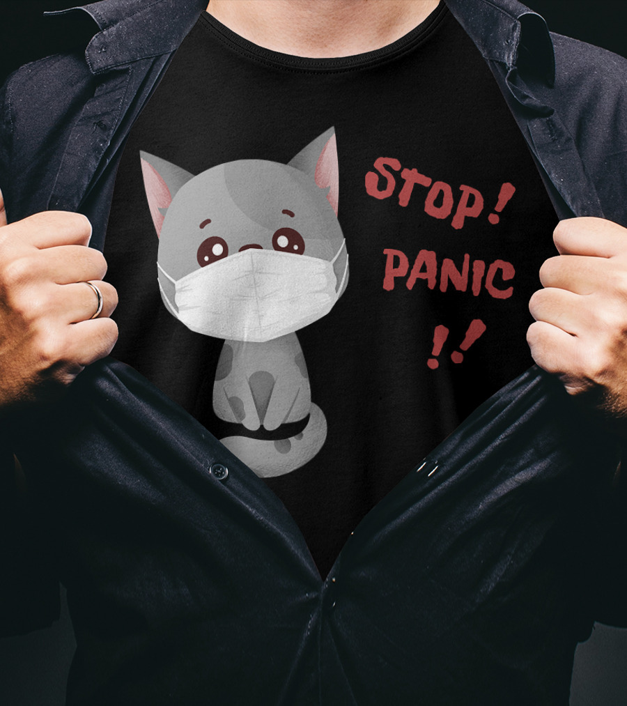 STOP PANIC Masked Cat Alert T-Shirt