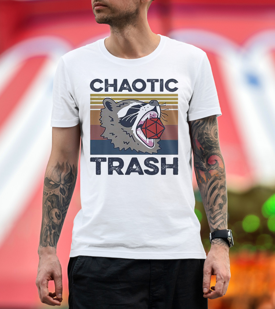 Chaotic Trash Game Raccoon D20 Dice Retro Stripes T-Shirt