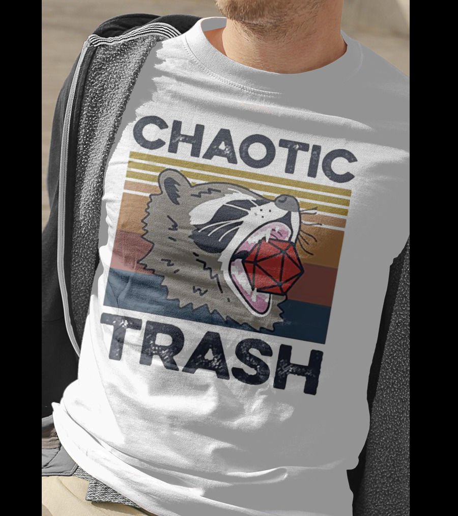 Chaotic Trash Game Raccoon D20 Dice Retro Stripes T-Shirt