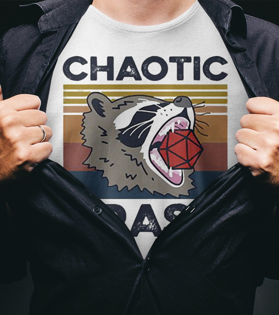 Chaotic Trash Game Raccoon D20 Dice Retro Stripes T-Shirt
