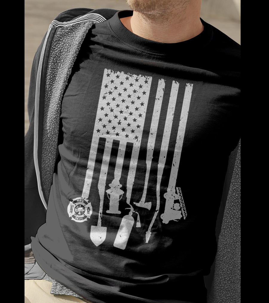 American Flag With Firefighter Tools And Veteran Badge Elements T-Shirt