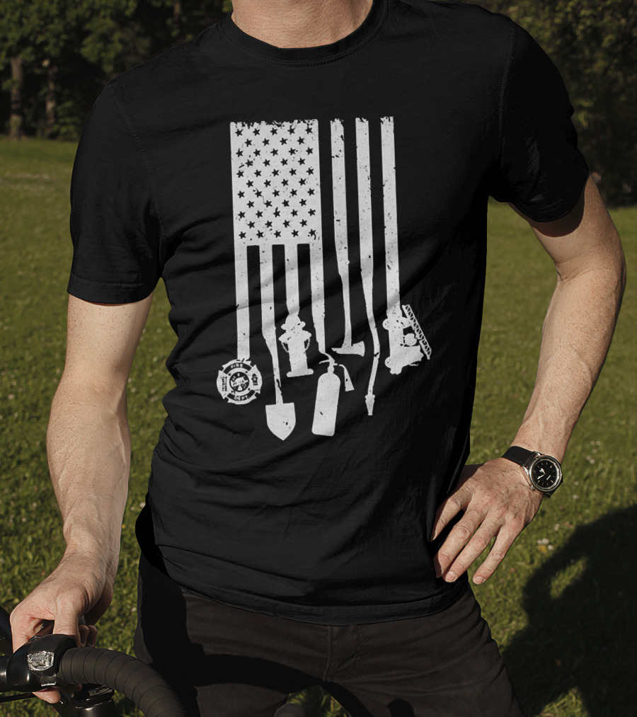 American Flag With Firefighter Tools And Veteran Badge Elements T-Shirt