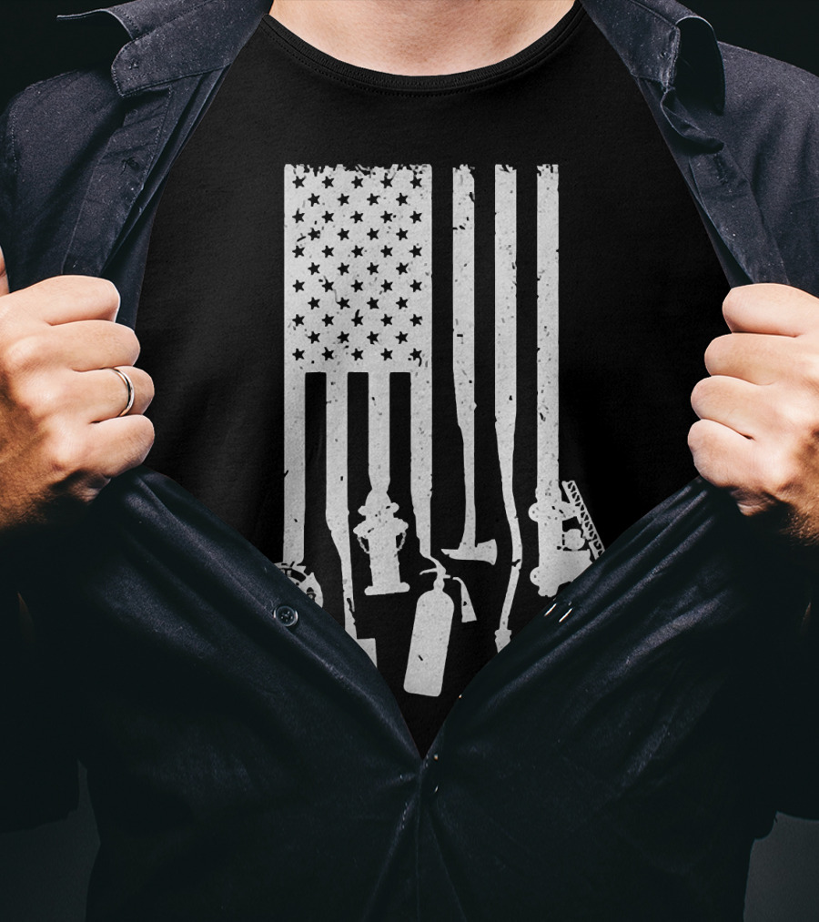 American Flag With Firefighter Tools And Veteran Badge Elements T-Shirt