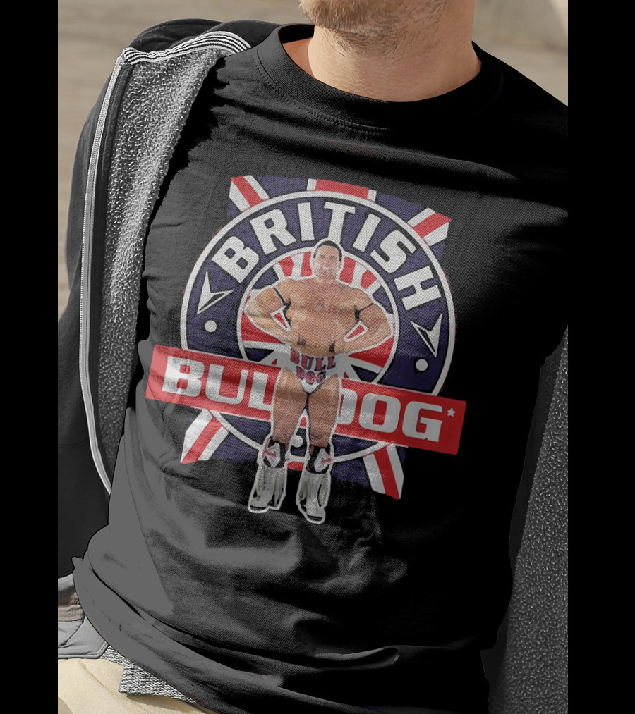 British Bulldog Wrestler With Union Jack Background T-Shirt