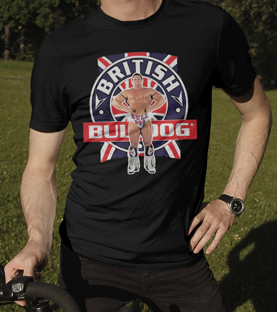 British Bulldog Wrestler With Union Jack Background T-Shirt