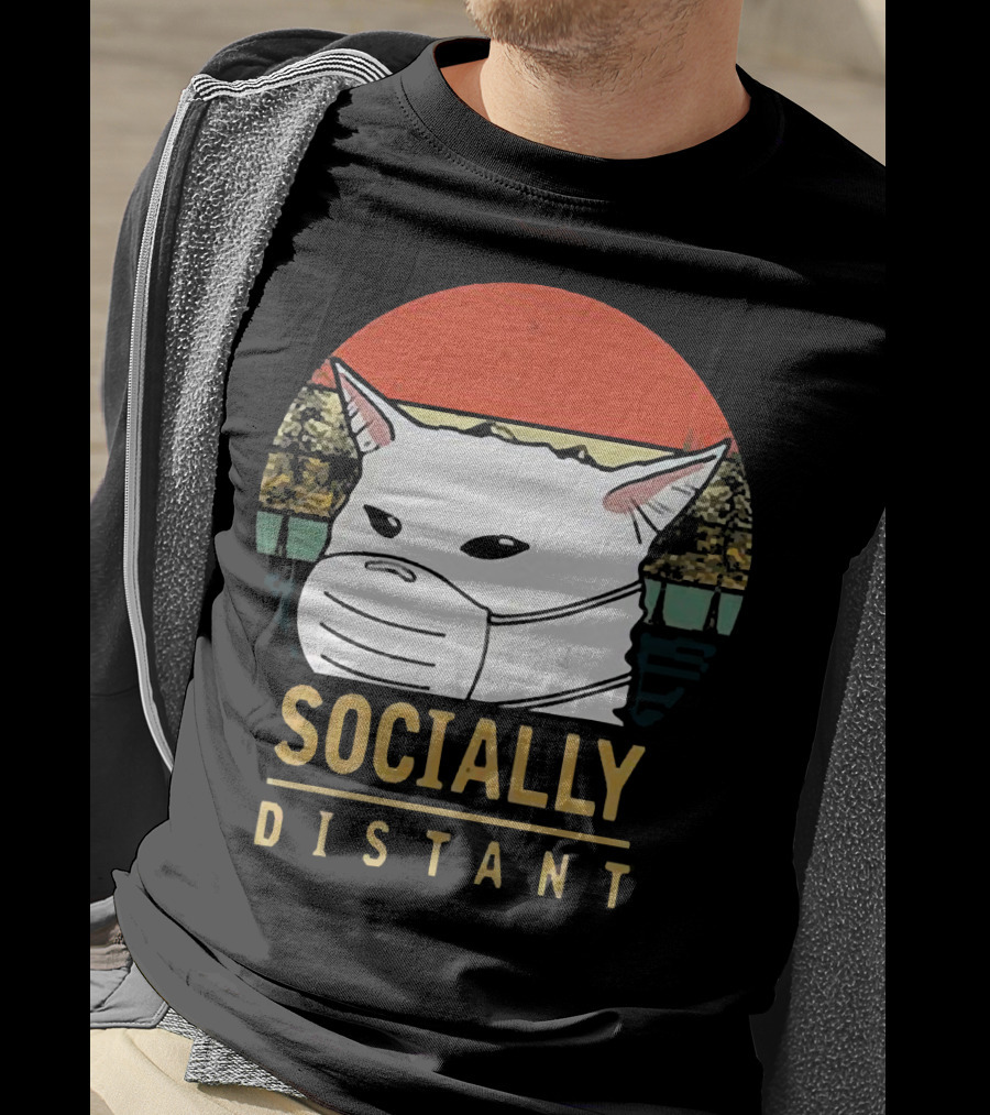 Socially Distant Cat White Masked Sunset T-Shirt