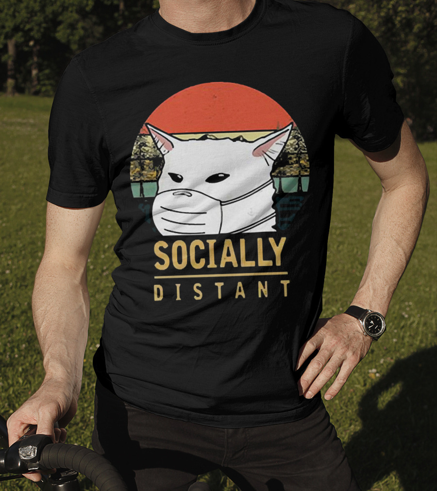 Socially Distant Cat White Masked Sunset T-Shirt