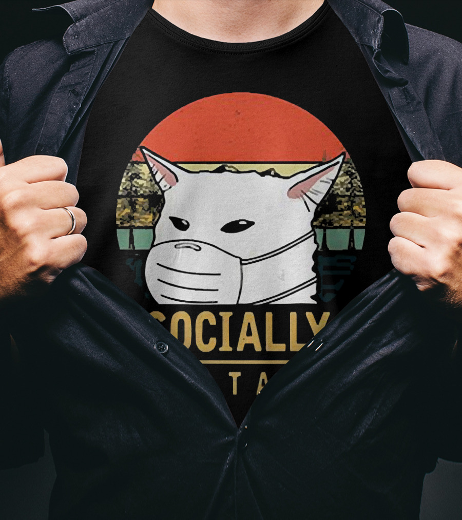 Socially Distant Cat White Masked Sunset T-Shirt
