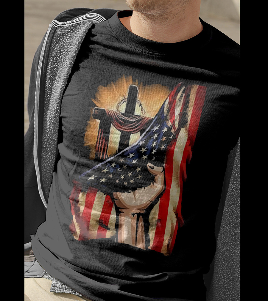 Jesus God American Flag Cross And Hand Inside Me T-Shirt