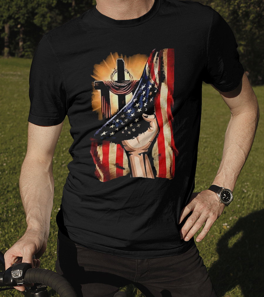 Jesus God American Flag Cross And Hand Inside Me T-Shirt